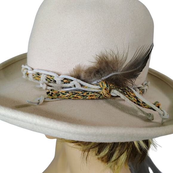 Tan Lancaster Wool Cowboy Western Hat Leather Rope Feather Hat Band Size 7 Women - Picture 7 of 10